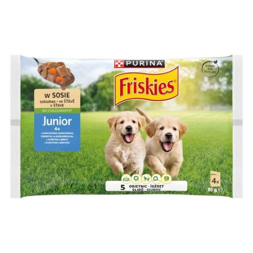 Friskies Dog 4x85g Junior Csirke + Sárgarépa szószban Alutasakos kutyaeledel