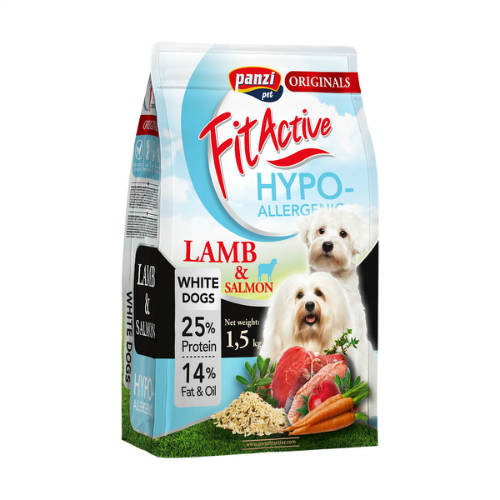 Panzi FitActive WhiteDogs Hypoallergenic Adult Bárány&Lazac száraztáp - Világos színű, felnőtt kutyák részére 1,5kg
