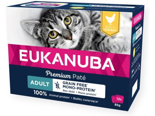 EUKANUBA CAT Gabonamentes 12x85g Csirke Pate Adult alutálcás macskaeledel felnőttmacskák számára